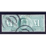 GB: 1902-10 £1 DULL BLUE GREEN GOOD USED, SMALL TEAR AT TOP.