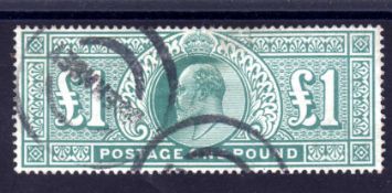 GB: 1902-10 £1 DULL BLUE GREEN GOOD USED, SMALL TEAR AT TOP.