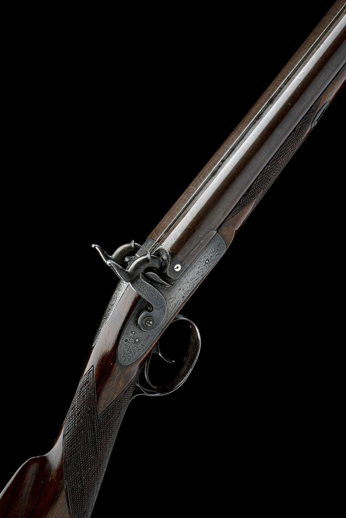 A 12-BORE PERCUSSION DOUBLE-BARRELLED SPORTING-GUN SIGNED 'T. PERRINS', no visible serial number,