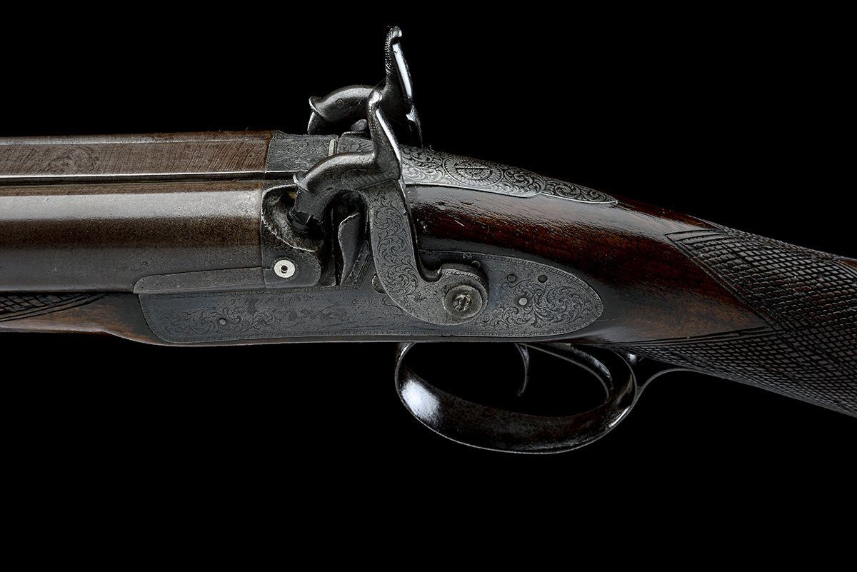 A 12-BORE PERCUSSION DOUBLE-BARRELLED SPORTING-GUN SIGNED 'T. PERRINS', no visible serial number, - Image 7 of 8