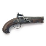 A 60-BORE FLINTLOCK POCKET-PISTOL WITH BLUE AND GILT BARREL AND WHITE METAL FURNITURE, UNSIGNED,