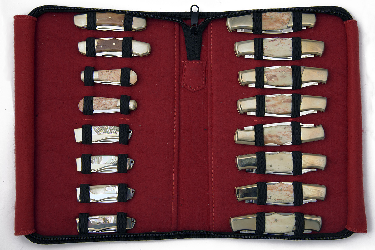 THREE COLLECTOR'S CORDURA CASES CONTAINING 48 POCKET FOLDING AND LOCK KNIVES, assorted repeated