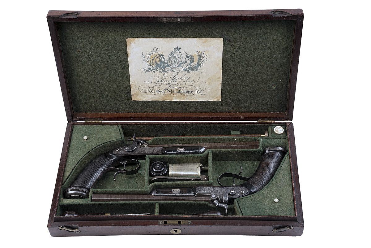 JAMES PURDEY, LONDON A CASED PAIR OF 50-BORE PERCUSSION RIFLED TARGET PISTOLS, serial no's. 2078 & - Image 3 of 3