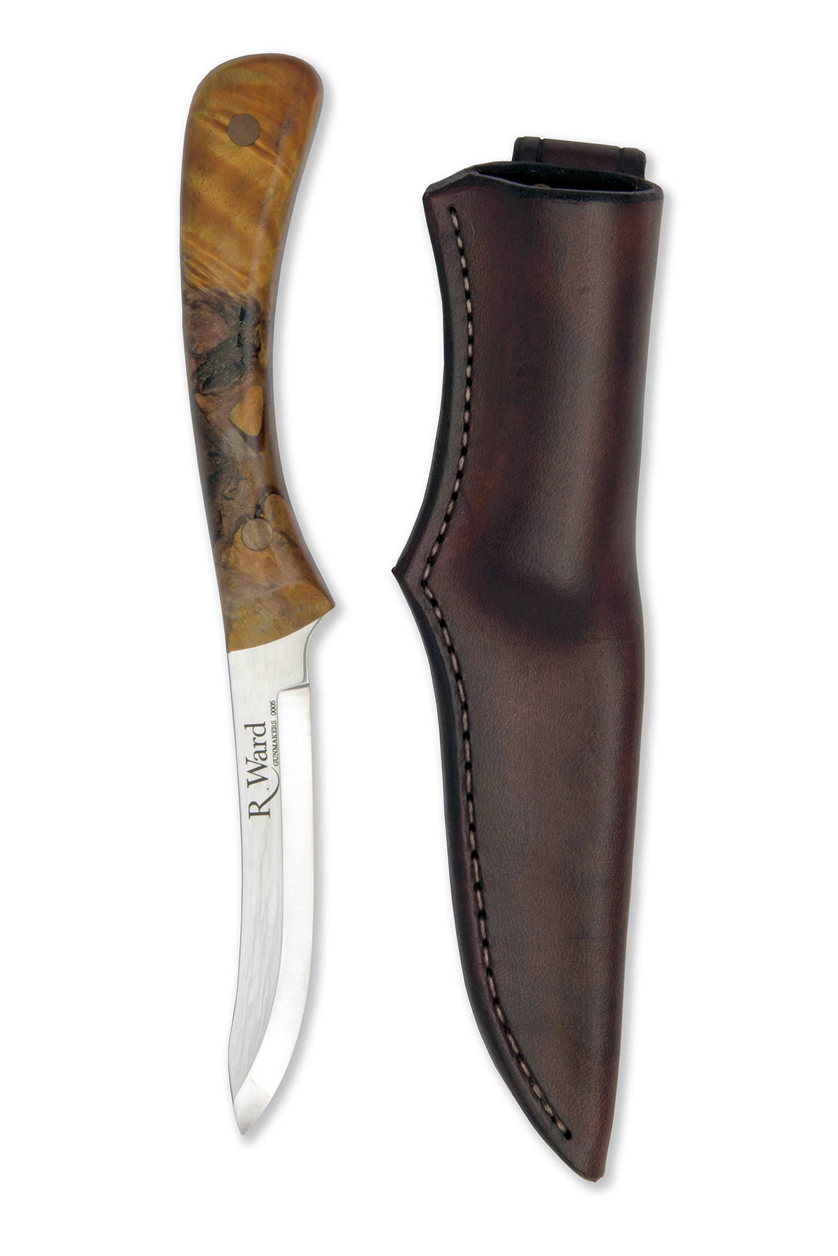 RAY WARD GUNSMITHS, LONDON A BOXED HAND-MADE CUSTOM SPORTING-KNIFE, MODEL 'OCHRE POPLAR', serial no.