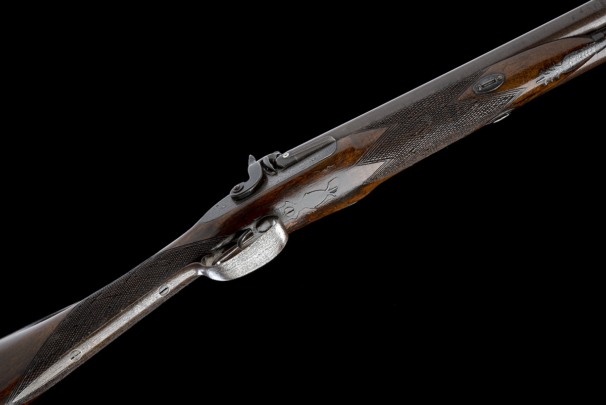 A 12-BORE PERCUSSION DOUBLE-BARRELLED SPORTING-GUN SIGNED 'T. PERRINS', no visible serial number, - Image 3 of 8