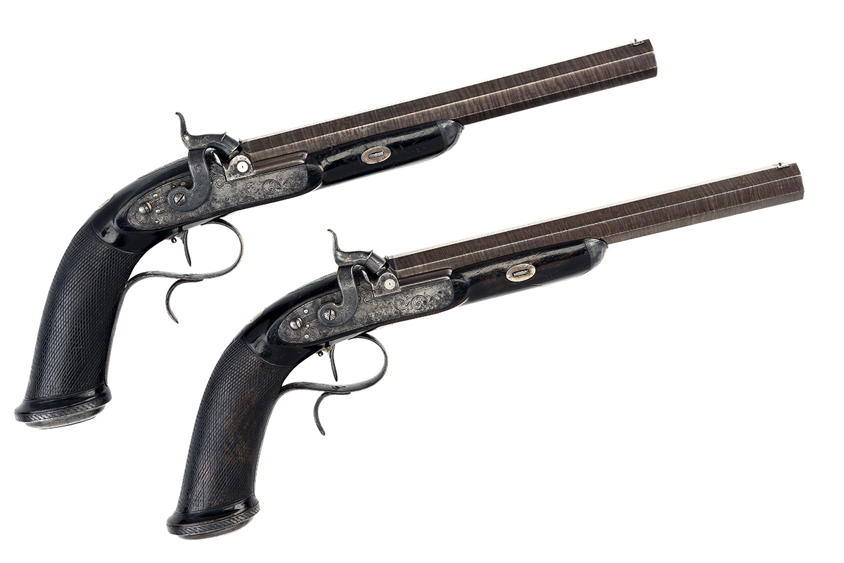 JAMES PURDEY, LONDON A CASED PAIR OF 50-BORE PERCUSSION RIFLED TARGET PISTOLS, serial no's. 2078 &