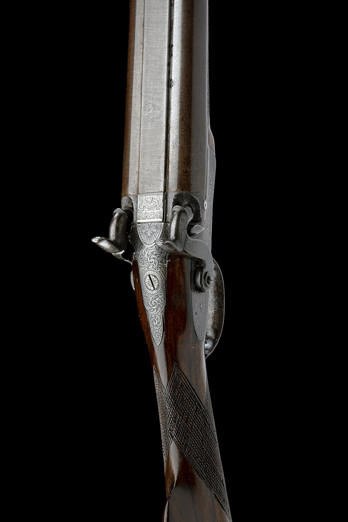 A 12-BORE PERCUSSION DOUBLE-BARRELLED SPORTING-GUN SIGNED 'T. PERRINS', no visible serial number, - Image 4 of 8