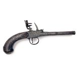 HARPUR, DUBLIN A RARE PAIR OF 50-BORE FLINTLOCK DOUBLE-BARRELLED PISTOLS WITH SILVER DECORATION,