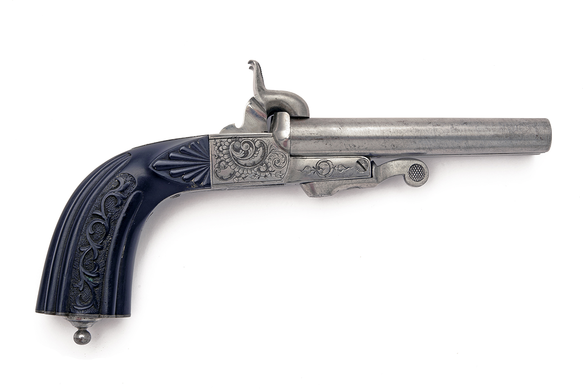 A CASED 10mm PINFIRE DOUBLE-BARRELLED PISTOL, UNSIGNED, MODEL 'LEFAUCHEUX PATENT', serial no. 00, - Image 2 of 6