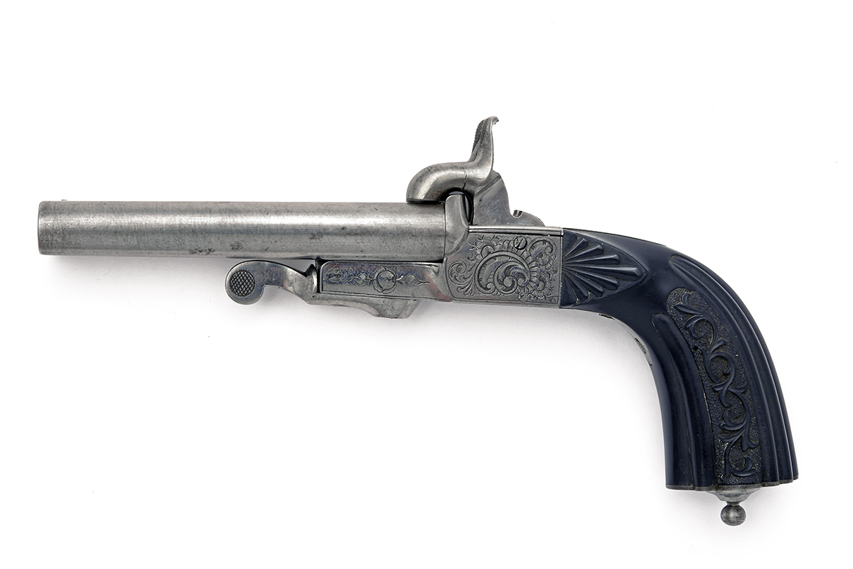 A CASED 10mm PINFIRE DOUBLE-BARRELLED PISTOL, UNSIGNED, MODEL 'LEFAUCHEUX PATENT', serial no. 00, - Image 3 of 6