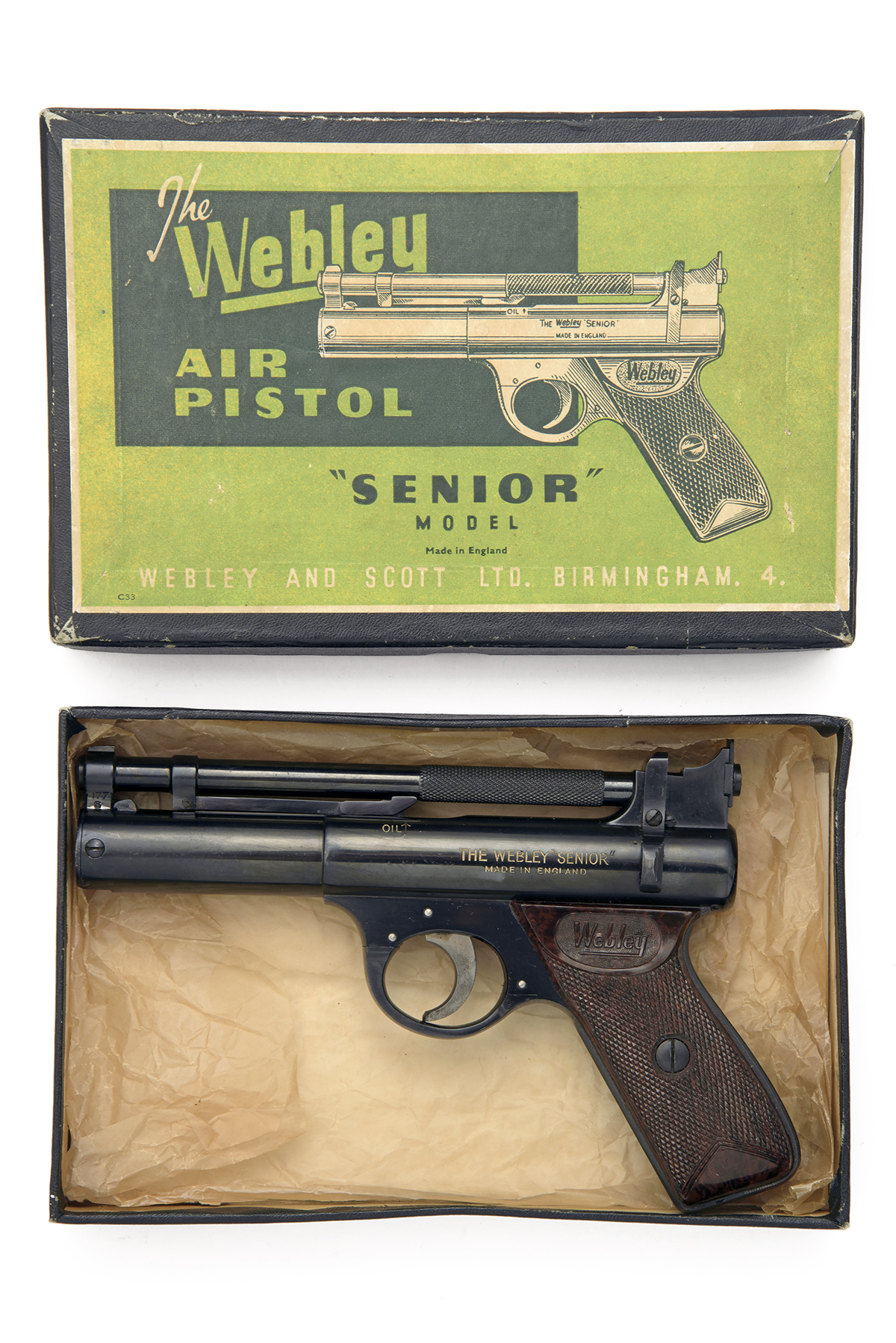 WEBLEY & SCOTT, BIRMINGHAM A GOOD BOXED .177 BARREL-COCKING AIR-PISTOL, MODEL 'POST-WAR SLANT-GRIP