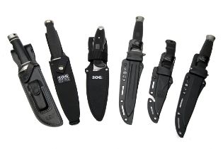 SOG, USA A COLLECTION OF SIX BOXED SHEATH-KNIVES, including a plain backed 'TEAMLEADER', a satin