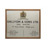 GALLYON & SONS, KING'S LYNN THE ORIGINAL FRAMED AND GLAZED SHOP SIGN FROM THE KING'S LYNN BRANCH,