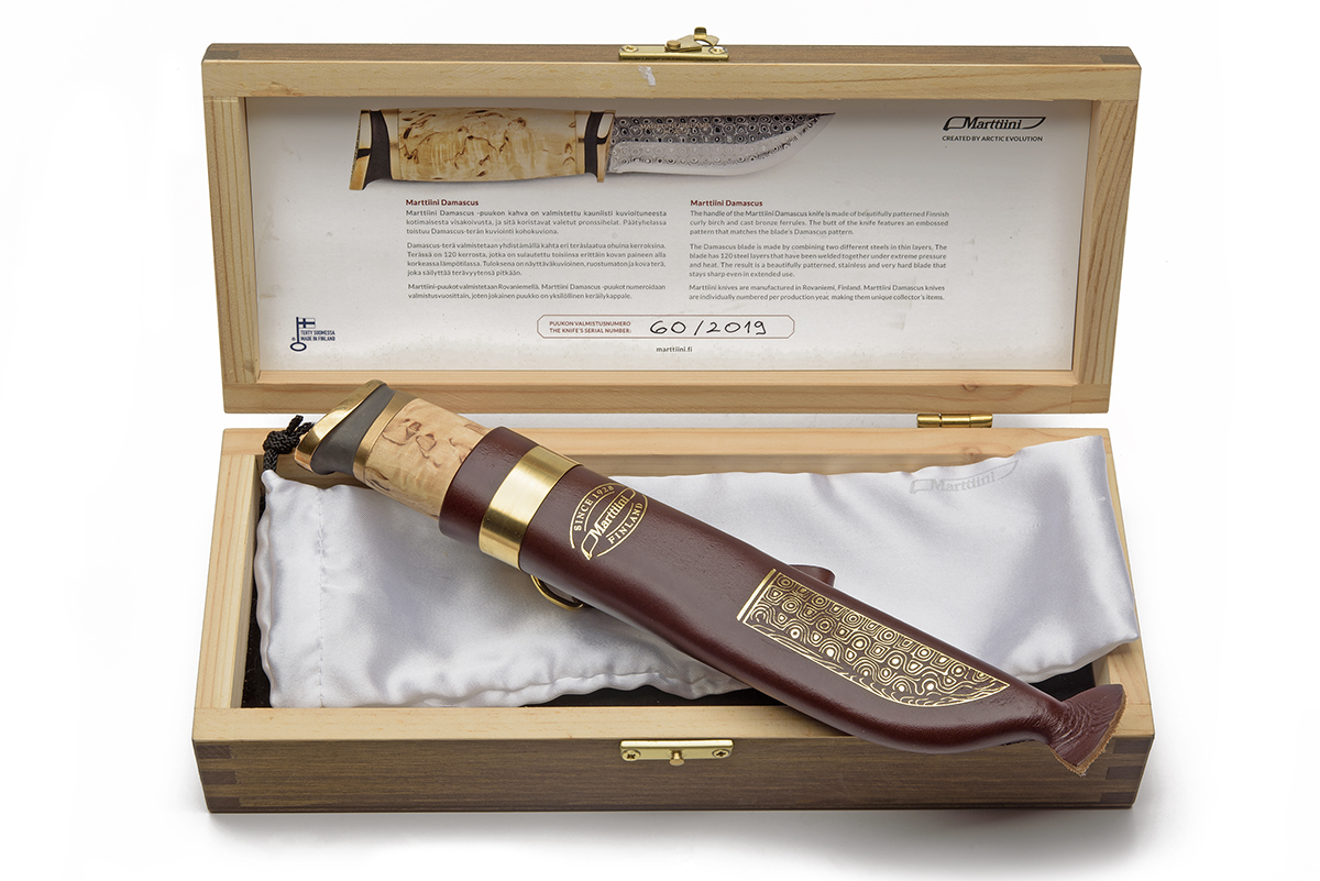 MARTTIINI, FINLAND A BOXED LIMITED EDITION DAMASCUS SPORTING KNIFE, serial no. 60, produced in 2019, - Image 2 of 5