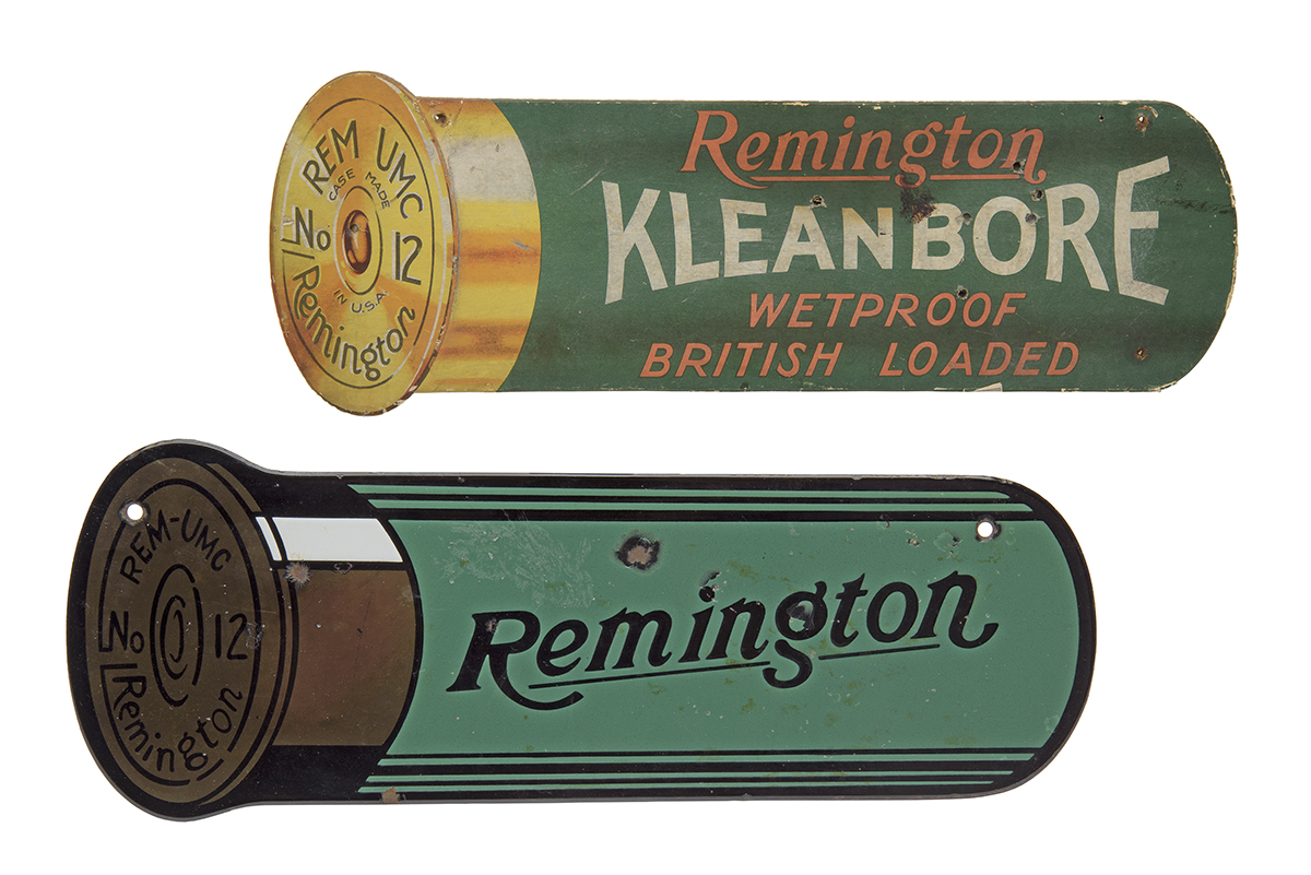 REMINGTON U.M.C., USA A RARE ENAMEL HANGING CARTRIDGE SIGN TOGETHER WITH ANOTHER IN CARD, the