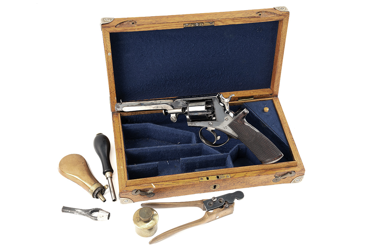 A GOOD CASED 54 BORE TRANTER FOURTH MODEL DOUBLE-ACTION PERCUSSION REVOLVER, RETAILED BY