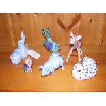 Five Herend ceramic animals together with a Royal Crown Derby rabbit