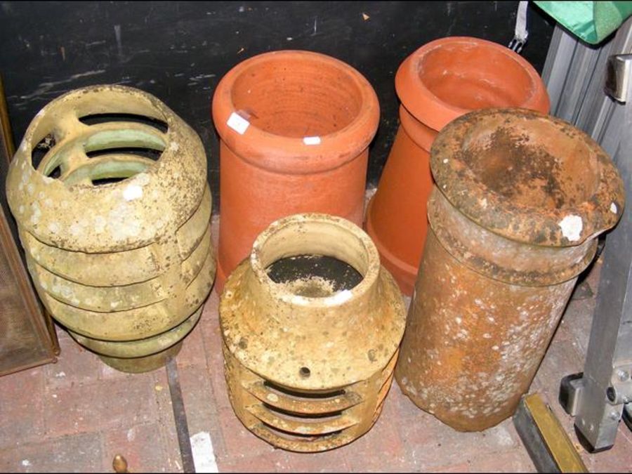 Five old garden chimney pots