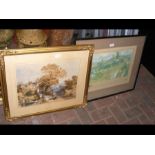 A watercolour of country house scene, together wit