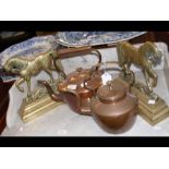 Brass 'horse' doorstops, copper kettle