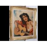 An oil on canvas of Spanish lady playing guitar -