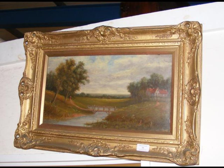 An oil on board of country river scene