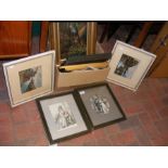 A box of old pictures, including an oil painting o