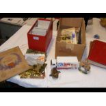 Two boxes of cigarette cards, stamps, clay pipes e