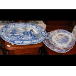 A large Victorian blue and white meat plate togeth