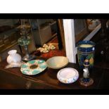 A Majolica 'oyster' dish, Doulton candlestick etc.