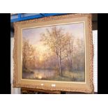 A large oil on canvas of river and woodland scene