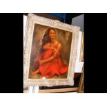 An oil on canvas portrait of Spanish lady in red d