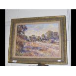 An Impressionist oil painting of hay field by CLAR
