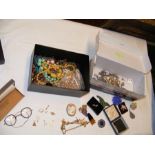 Two boxes containing costume jewellery including n