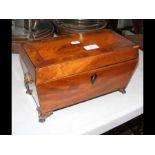 A Georgian two compartment tea caddy with etched glass mixing bowl