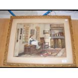 A Victorian watercolour of interior scene, monogrammed 'CE' bottom left - 34cm x 46cm