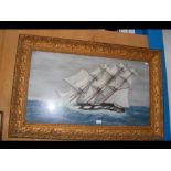 A naive painting of three masted naval vessel in g