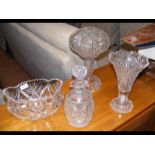 A cut glass vase, decanter etc