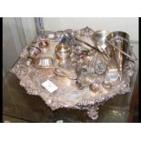 A large silver salver together with flatware and o