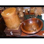 A wooden barrel-shaped basket, a wooden bowl, carved wooden photo frames and a pair of Robert Welch