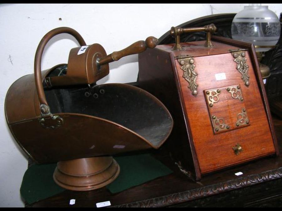 An antique wooden coal scuttle, together with a co