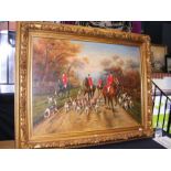 A large oil on canvas of fox hunting scene - signe