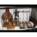 Assorted collectables, including a miniature brass