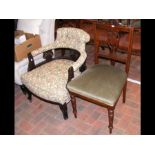An antique tub chair together with 6 antique dining chairs
