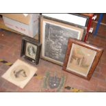 A quantity of antique pictures, together with a cr