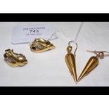 Two pairs of gold earrings, one with sapphire and