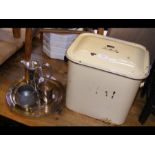 An enamel bread bin, silver beaker, Middle Eastern