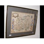 An antique coloured map of Surrey, framed and glaz