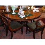 A Gillows amboyna oval table with beaded edge, sup