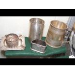 A silver tankard, napkin ring etc.